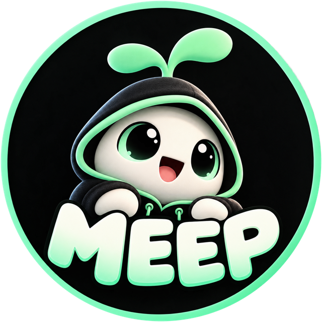 MEEP, a small creature in a black hoodie with a green sprout on its head